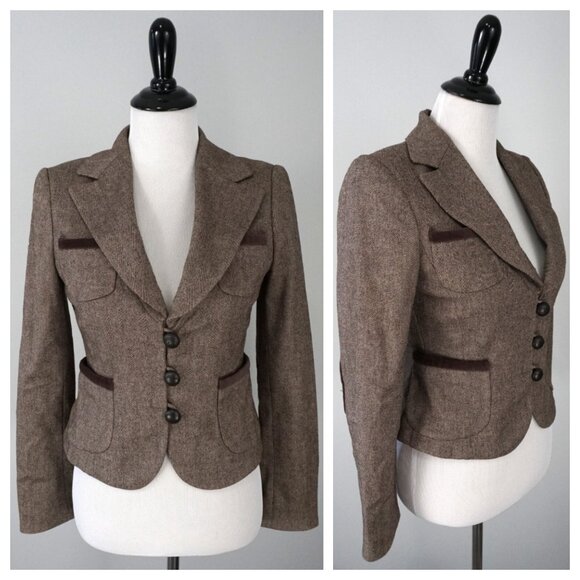Banana Republic Womens Brown Button Up Elbow Patch Wool Blend Stretch Blazer 2 - Picture 1 of 5